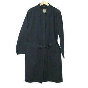 Lands End womens trench coat size L navy belted long vented back wool lined long